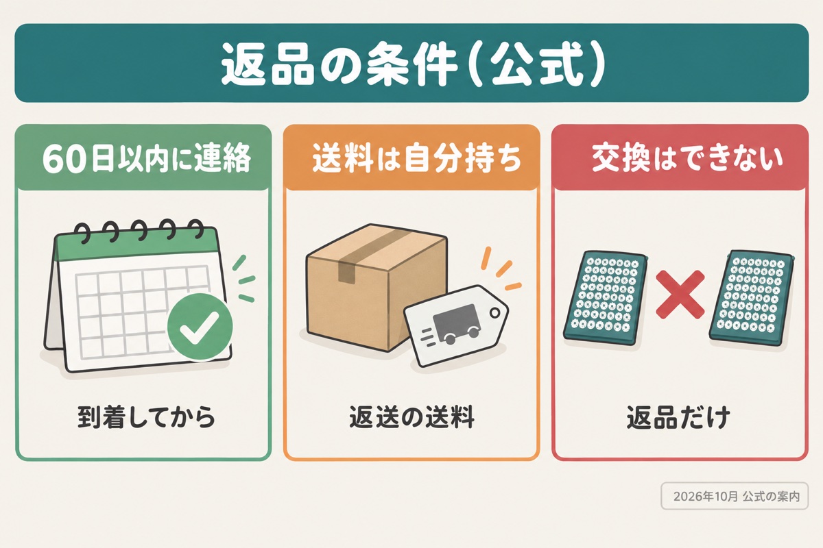 公式の指圧マットの返品の条件(公式オンラインストアで買った場合)。到着後60日以内に連絡すれば返品できる、送料は自分持ち、交換はできない