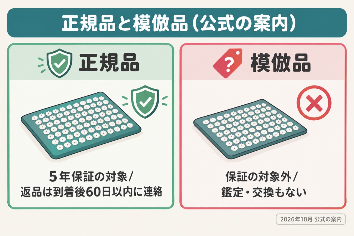 正規品と模倣品の違い(公式の案内)。正規品は5年保証の対象で返品は到着後60日以内に連絡、模倣品は保証の対象外で鑑定や交換も受けられない