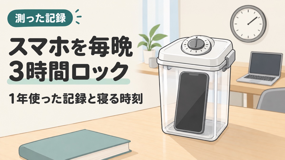 帰宅後にスマホを箱に入れて3時間ロックし、その記録と寝る時刻をまとめた記事のアイキャッチ
